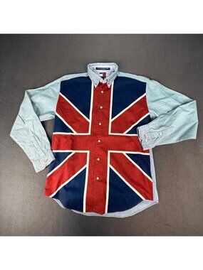 Vintage Tommy Hilfiger Shirt Mens L Union Jack 90s Chambray Blue British Flag